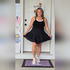 Black Ruffled Skirt with White Trim Top